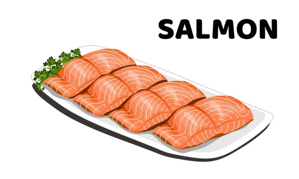 Plato Salmón Rodajas Sobre Fondo Blanco Ilustración Aislada Primer Plano — Vector de stock