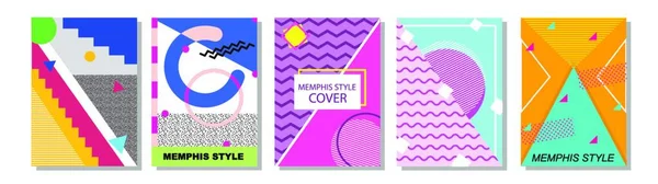 Set Dari Memphis Style Covers Ilustrasi Vektor Datar Untuk Latar - Stok Vektor