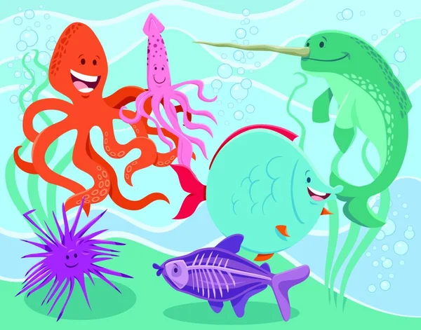面白い海洋動物漫画のイラスト漫画のキャラクターグループ — ストックベクタ