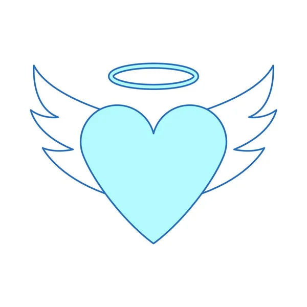 翼とハローアイコンを持つバレンタインハート 青い塗りつぶしデザインの細い線 ベクターイラスト — ストックベクタ