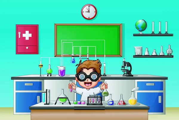 Ilustração Vetorial Menino Cientista Pesquisa Laboratorial Com Vidraria Química — Vetor de Stock