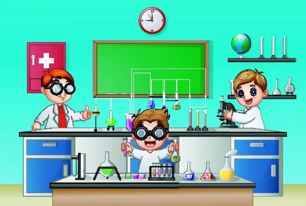 Vector Illustration Kids Doing Chemical Experiment Lab — Stock Vector