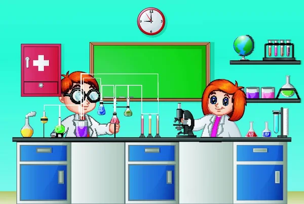 Векторная Иллюстрация Детей Проводящих Химический Эксперимент Лаборатории — стоковый вектор