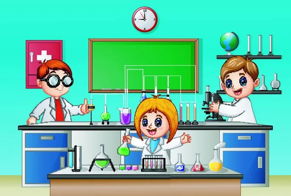 Vektorillustration Von Kindern Beim Chemischen Experiment Labor — Stockvektor