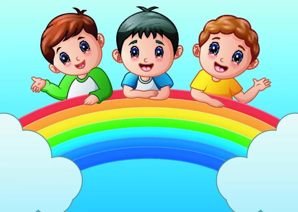 Vektorillustration Cartoon Happy Kids Regnbågen — Stock vektor