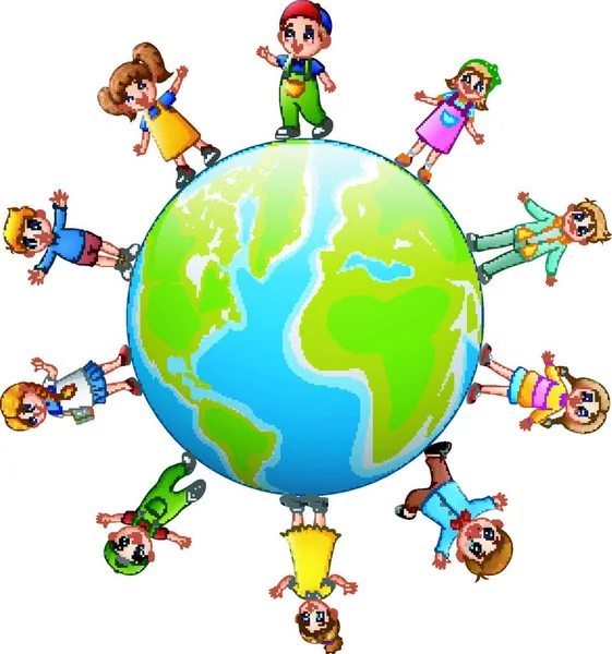 幸せな子どもたちが 地球の周り立ってのベクトル イラスト — ストックベクタ