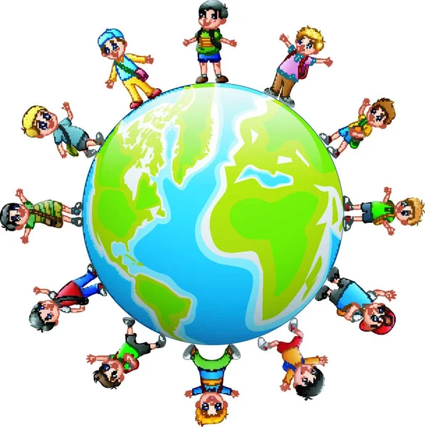 幸せな学校の子供たちは 地球の周りに立ってのベクトル イラスト — ストックベクタ