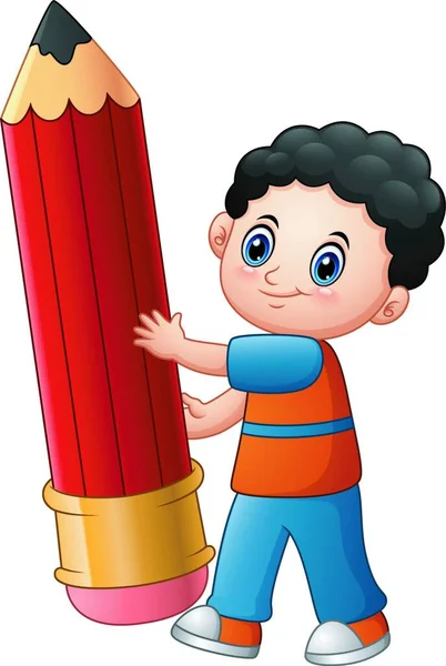 Ilustracja Wektorowa Małego Chłopca Kreskówki Trzymając Ołówek — Wektor stockowy