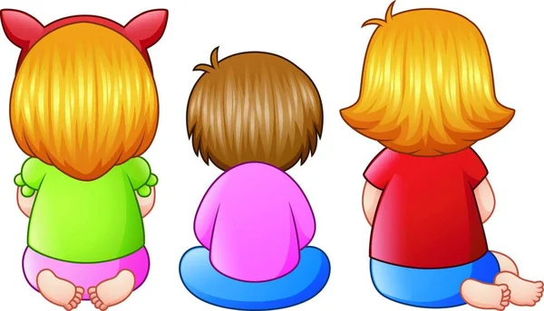 Vector Illustration Back View Little Three Girl Sitting Together — Stock Vector