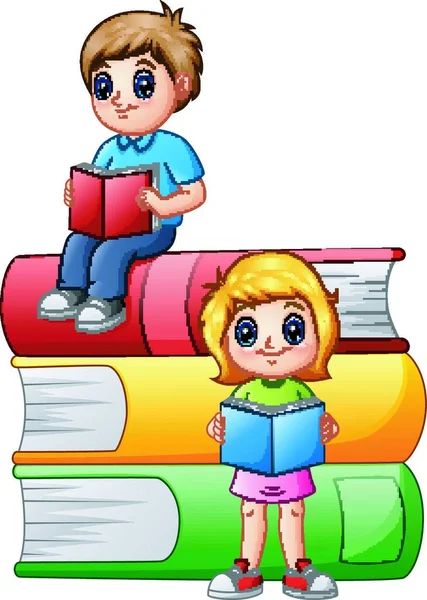 Ilustración Vectorial Niños Escuela Feliz Con Libros Grandes — Vector de stock