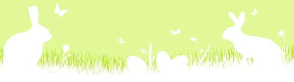 Векторная Панорама Пасхальное Время Счастливый Фон Зеленым Силуэтом Кроликов Яйцами — стоковый вектор