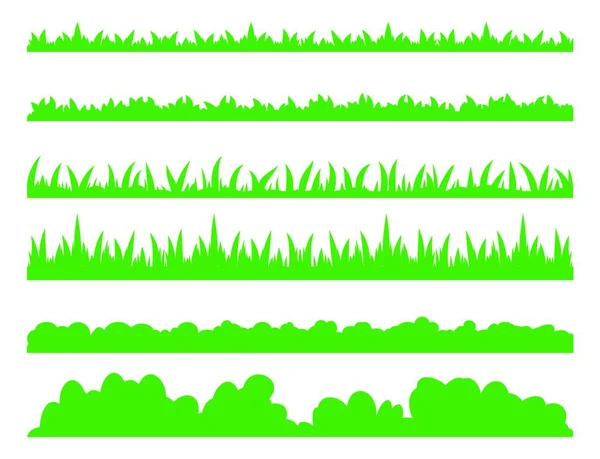 草のセット シンプルな緑の芝生の境界コレクション 春や夏の葉のフィールドは牧草地や庭のデザインのために素晴らしい 白を基調としたベクトルフラットイラスト — ストックベクタ