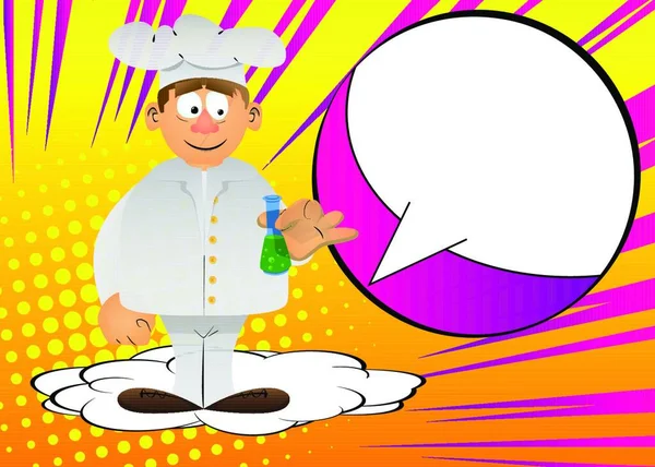 試験管を保持する均一な脂肪の男性漫画のシェフ ベクトルイラスト 料理の開発の味 — ストックベクタ