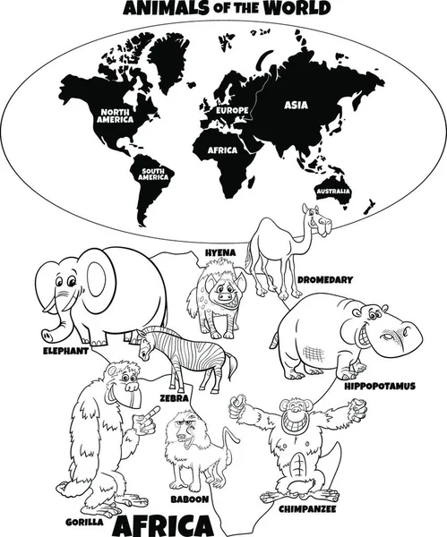 Чорно Біла Освітня Мультиплікаційна Ілюстрація Смішних Африканських Тварин Карта Світу — стоковий вектор