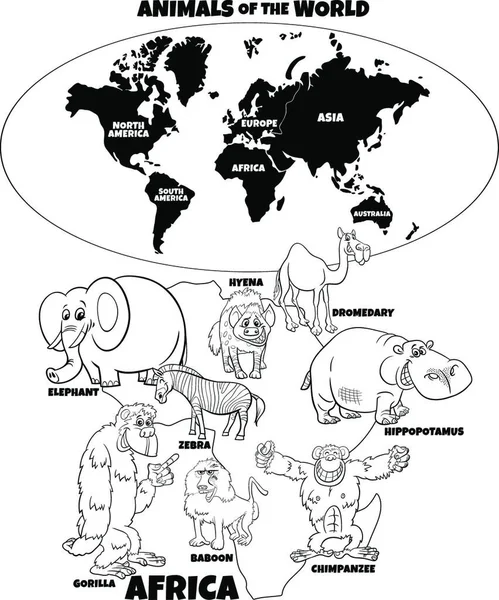 Komik Afrika Hayvanlarının Kıtaların Şekillendirdiği Dünya Haritasının Siyah Beyaz Çizgi — Stok Vektör