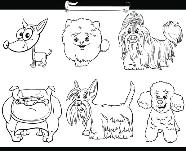 Schwarz Weiße Zeichentrickillustration Von Reinrassigen Hunden Comicfiguren Gesetzt — Stockvektor