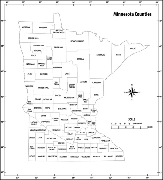 ミネソタ州の概要黒と白の行政地図 — ストックベクタ