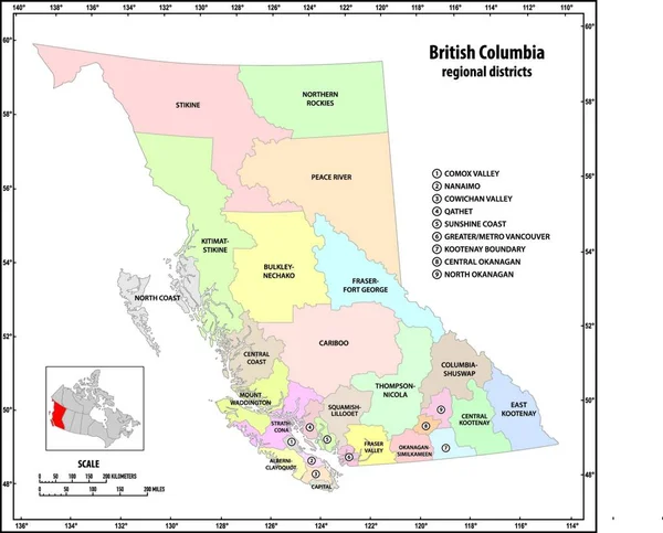 Administratieve Vectorkaart Van Canadese Provincie British Columbia — Stockvector