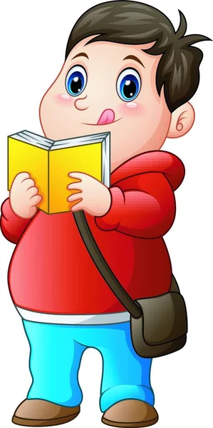 Vector Illustration Cartoon Fat Boy Sweater Reading Book — Stock Vector