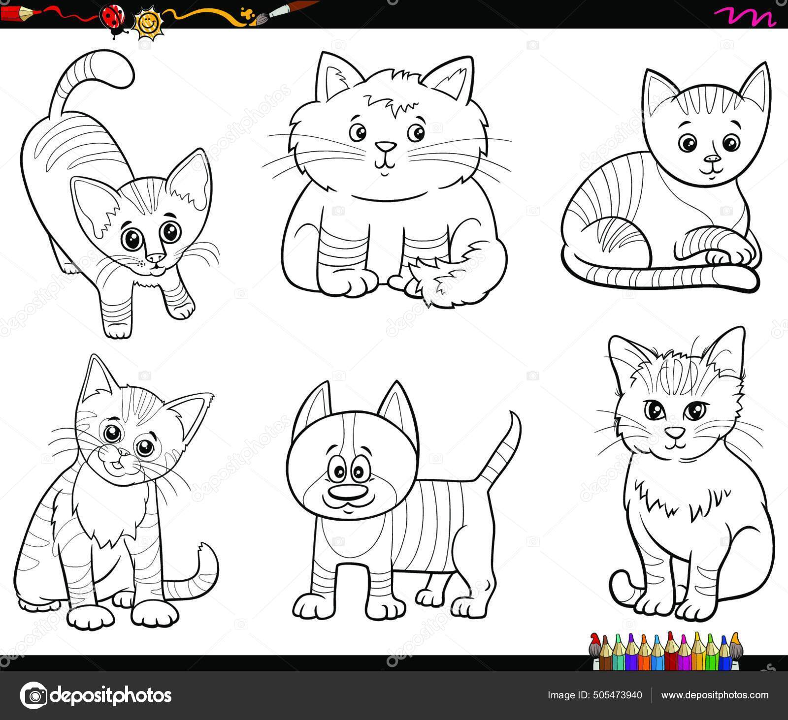 Ilustração dos desenhos animados do grupo de personagens de animais em  quadrinhos de gatos coloridos engraçados