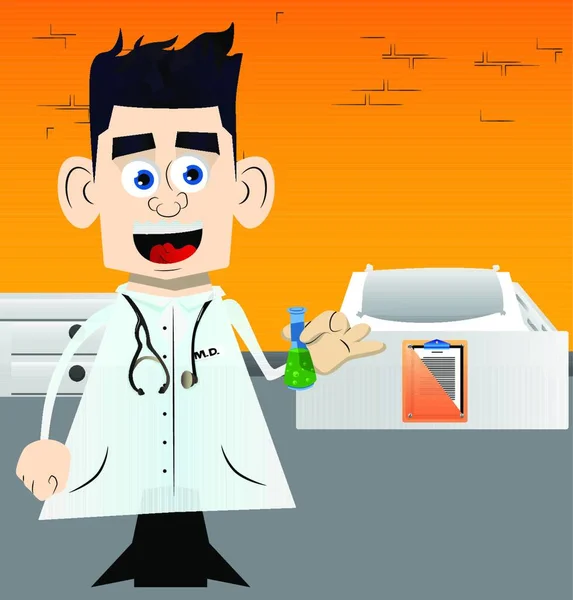 Funny Cartoon Doctor Holding Test Tube Vector Illustration Medical Worker — Stock Vector