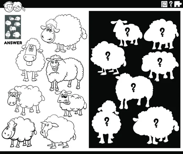 Black White Cartoon Illustration Match Animals Right Shape Silhouette Sheep — Stock Vector