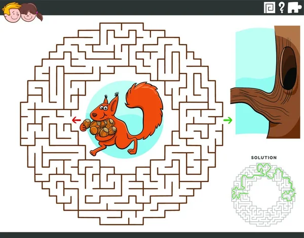 Rajzfilm Illusztráció Oktatási Labirintus Kirakós Játék Gyerekeknek Mókus Állat Karakter — Stock Vector