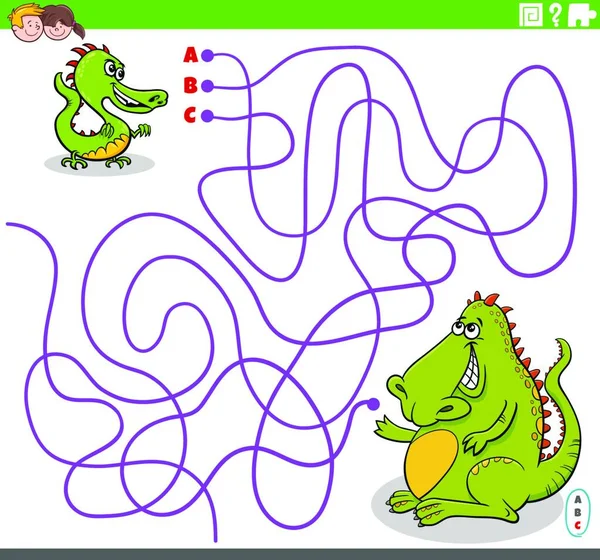 Illustration Dessins Animés Lignes Labyrinthe Jeu Puzzle Avec Bébé Dragon — Image vectorielle