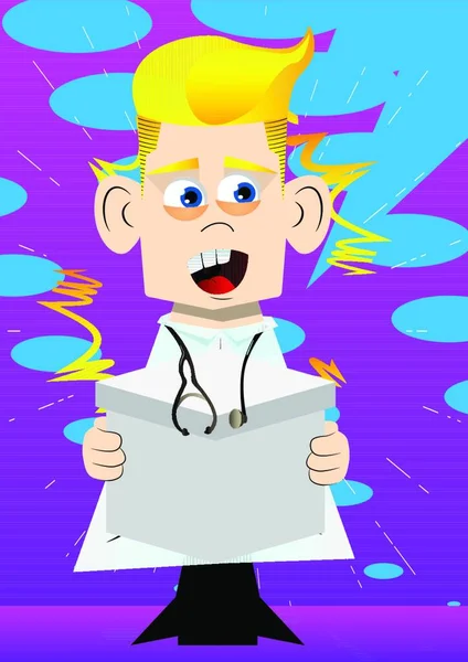 Divertido Médico Dibujos Animados Sosteniendo Caja Blanca Ilustración Vectorial Trabajador — Vector de stock