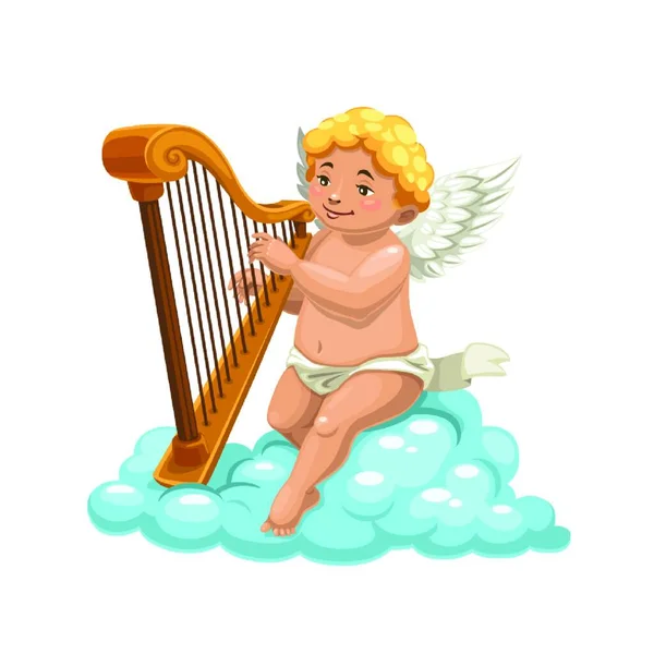 Ángel Cupido Tocando Arpa Nube Vector San Valentín Tarjeta Romántica — Vector de stock