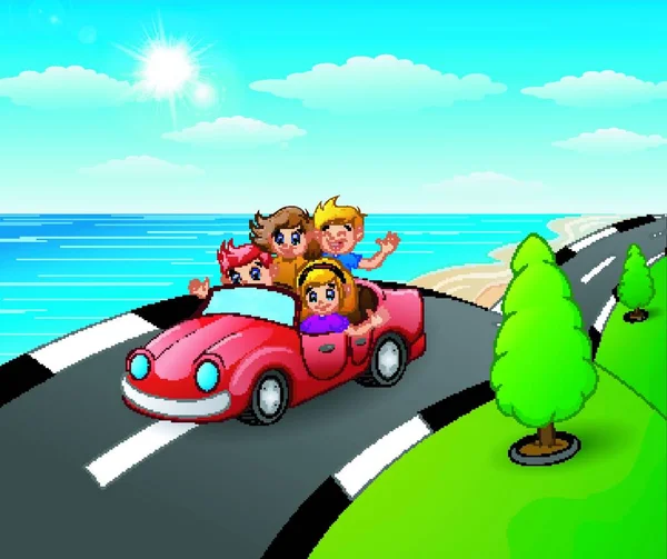 Vector Illustration Happy Children Riding Car Seaside Road — Stock Vector