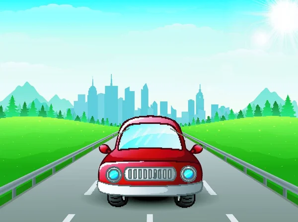 Vector Illustration Red Car Cartoon City Background — Stock Vector