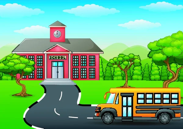 Векторная Иллюстрация Желтого Школьного Автобуса Перед Школьным Зданием — стоковый вектор