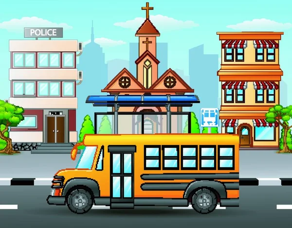 Vektor Ilustrasi Bus Sekolah Latar Belakang Skyline Kota - Stok Vektor