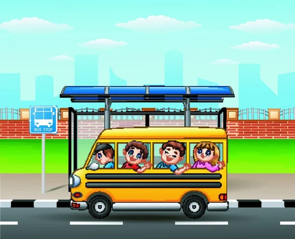 Vector Illustration Happy Children Riding School Bus — Stock Vector