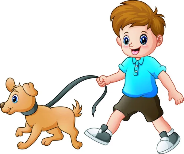 Illustration Vectorielle Petit Garçon Marchant Avec Son Chien — Image vectorielle