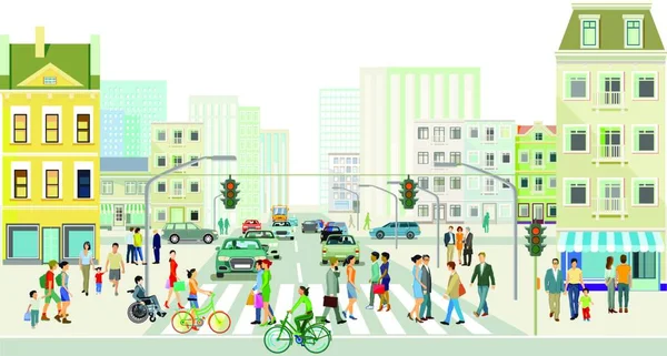 Ruas Com Pessoas Trânsito Frente Uma Grande Ilustração Cidade — Vetor de Stock