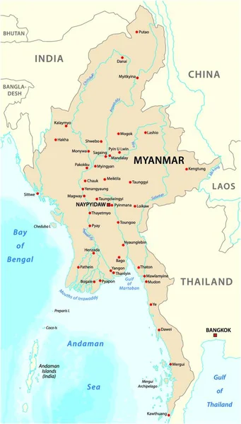 缅甸联邦共和国与主要城市的矢量地图 — 图库矢量图片