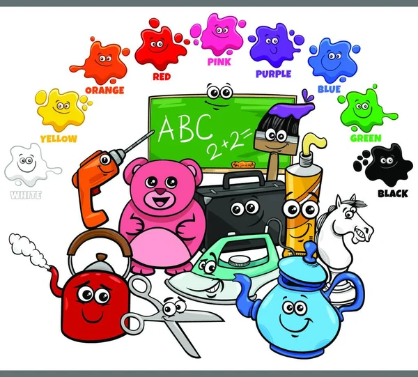 Undervisning Tecknad Illustration Grundläggande Färger För Barn Med Objekt Seriefigurer — Stock vektor