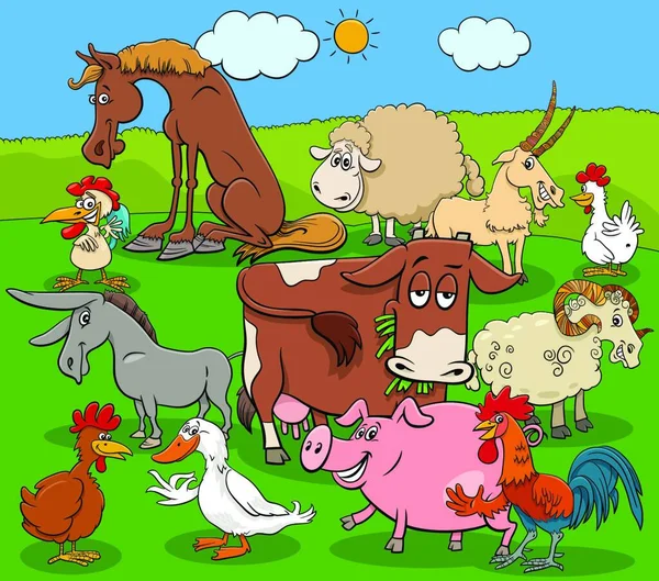 Cartoon Illustration Farm Animals Comic Characters Group — Stockový vektor