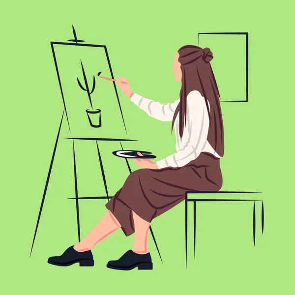 Wektorowa Ilustracja Kobiety Siedzącej Przy Biurku Laptopem Filiżanką Kawy — Wektor stockowy