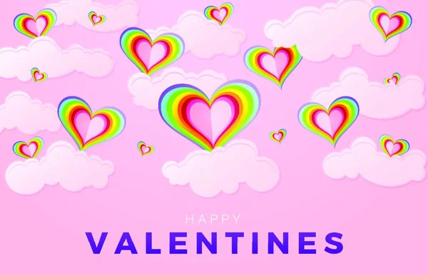 Happy Valentines Day Rainbow Love Clouds Texture Birthday Card Heart — Stock Vector