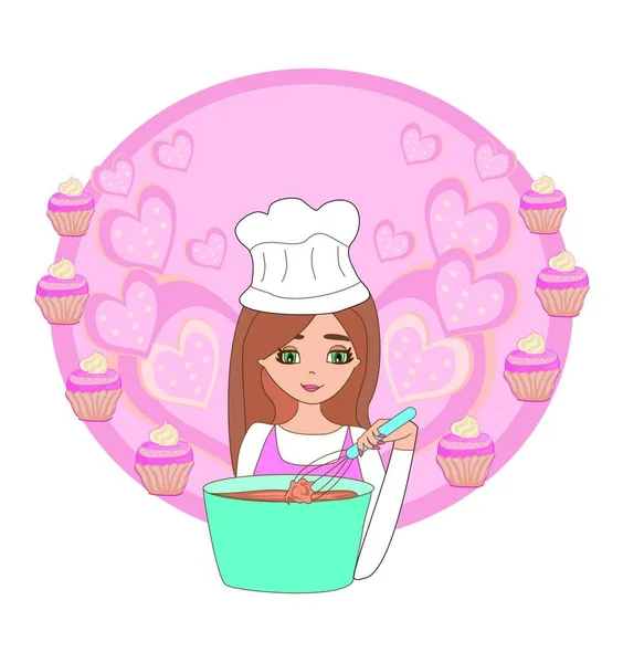 Dibujos Animados Mujer Sonriente Cocina Mezcla Masa — Vector de stock