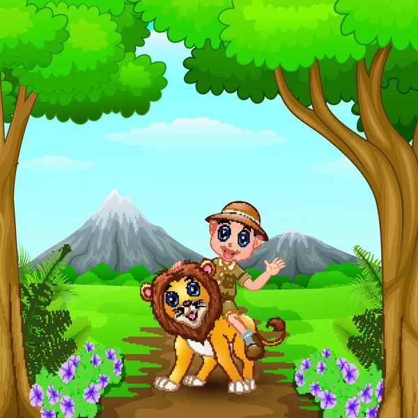 Illustration Vectorielle Gardien Zoo Lion Dans Jungle — Image vectorielle