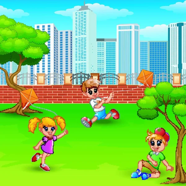 Ilustración Vectorial Niños Jugando Cometas Parque — Archivo Imágenes Vectoriales