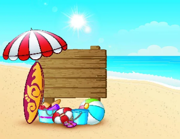 Vektor Illustration Von Sommer Strand Hintergrund Mit Holzschild — Stockvektor