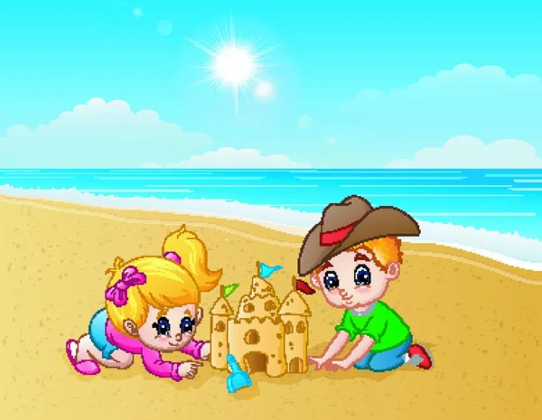 Εικονογράφηση Διάνυσμα Των Παιδιών Που Κάνουν Κάστρο Άμμο Στην Παραλία — Διανυσματικό Αρχείο
