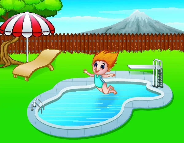 Illustration Vectorielle Cartoon Girl Sautant Dans Piscine — Image vectorielle