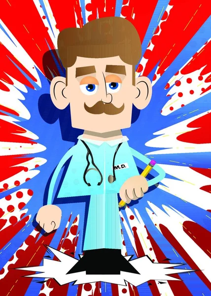 Funny Cartoon Doctor Holding Pencil Vector Illustration Health Care Worker — Stock Vector