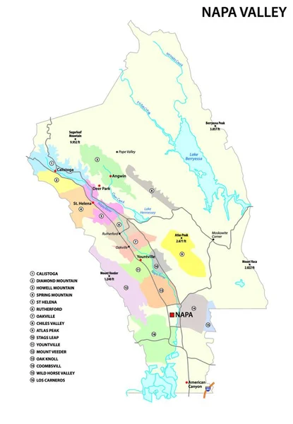 Vektorkarte Der Weinanbaugebiete Kalifornischen Napa Valley District Vereinigte Staaten — Stockvektor